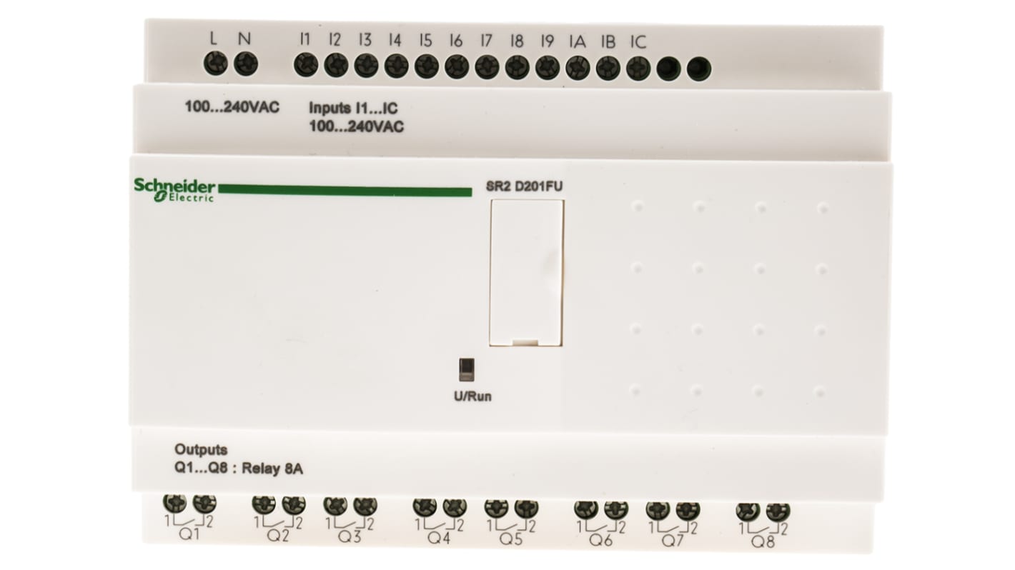 Modulo I/O Schneider Electric SR2D201FU per guida DIN, 12 ingressi, 8 uscite relè, alimentazione 100-240 V c.a., dimensioni 124,6 x 107,6 x 59,5 mm.