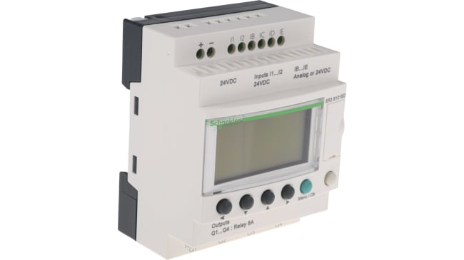 Modulo I/O Schneider Electric SR3PACKBD per automazione, 6 ingressi, 4 uscite relè, montaggio su guida DIN, dimensioni 90 x 71,2 x 59 mm.