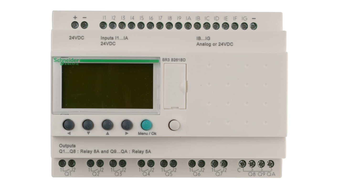 Modulo I/O Schneider Electric SR3PACK2BD, relè programmabile con 16 ingressi, 10 uscite, montaggio su guida DIN, dimensioni 90 x 71,2 x 59 mm.