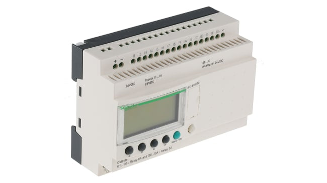 Modulo I/O Schneider Electric SR3PACK2BD, relè programmabile con 16 ingressi, 10 uscite, montaggio su guida DIN, dimensioni 90 x 71,2 x 59 mm.