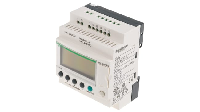 Modulo I/O Zelio Logic Schneider Electric SR3PACKFU, 6 ingressi digitali, 4 uscite relè, montaggio su guida DIN, dimensioni 90 x 71,2 x 59 mm.