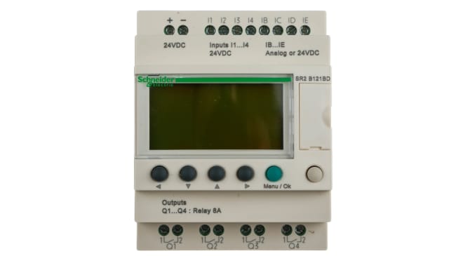 Modulo logico Schneider Electric SR2B121BD Zelio Logic, 12 ingressi - 4 uscite, 24V cc, guida DIN - Automazione industriale, illuminazione, HVAC.
