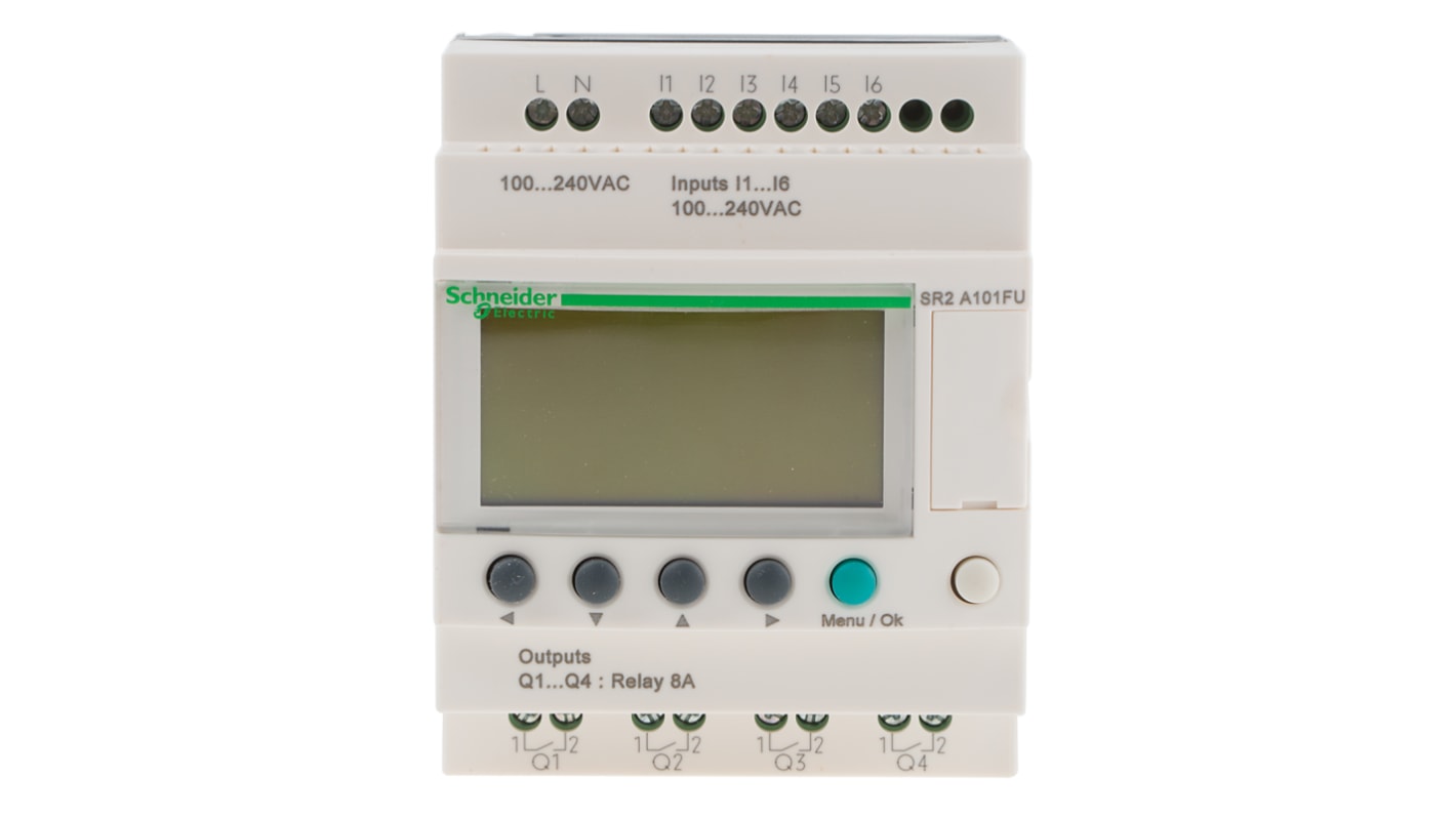 Modulo logico Schneider Electric SR2A101FU per guida DIN, 6 ingressi, 4 uscite relè, dimensioni 71,2 x 107,6 x 59,5 mm.