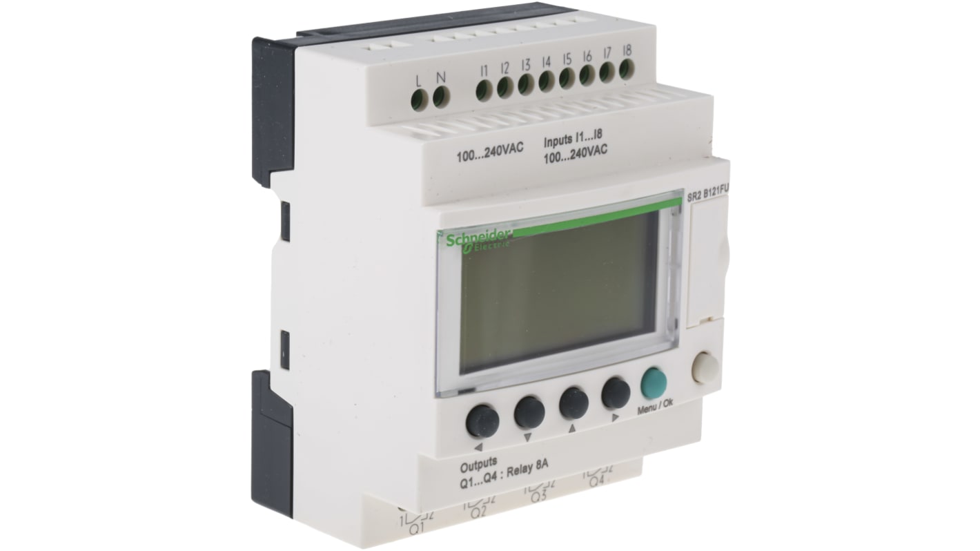Modulo logico Schneider Electric SR2B121FU: 8 ingressi, 4 uscite - Serie Zelio Logic, controllo automazione HVAC.