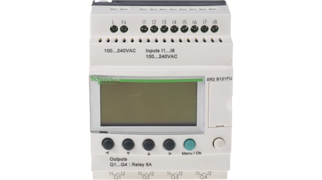 Modulo logico Schneider Electric SR2B121FU: 8 ingressi, 4 uscite - Serie Zelio Logic, controllo automazione HVAC.