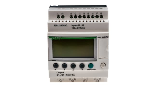 Modulo logico Schneider Electric SR2B121FU: 8 ingressi, 4 uscite - Serie Zelio Logic, controllo automazione HVAC.