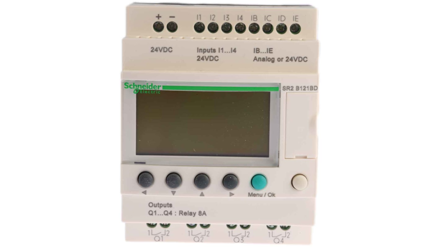 Modulo I/O Schneider Electric SR2PACKBD, relè programmabile con 8 ingressi e 4 uscite, montaggio su guida DIN, dimensioni 90 x 71,2 x 59 mm.