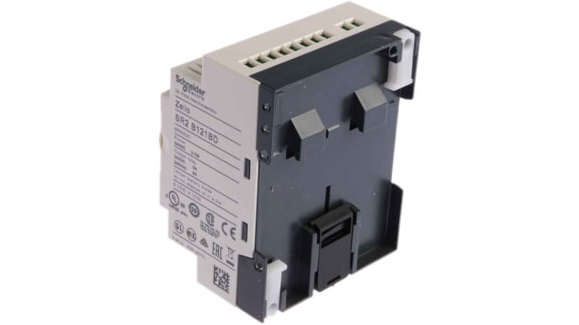 Modulo I/O Schneider Electric SR2PACKBD, relè programmabile con 8 ingressi e 4 uscite, montaggio su guida DIN, dimensioni 90 x 71,2 x 59 mm.