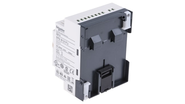 Schneider Electric SR2PACKFU, CPU PLC Zelio Logic, 8 ingressi digitali, 4 uscite relè, montaggio su guida DIN, dimensioni 90 x 71,2 x 59 mm.