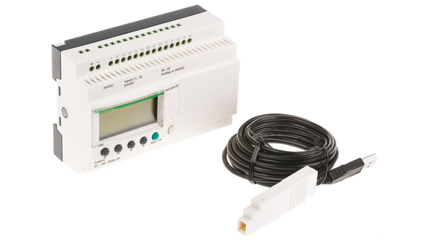 Modulo I/O Zelio Logic Schneider Electric SR2PACK2BD, CPU PLC con 12 ingressi, 8 uscite relè, montaggio su guida DIN, dimensioni 90 x 71,2 x 59 mm.