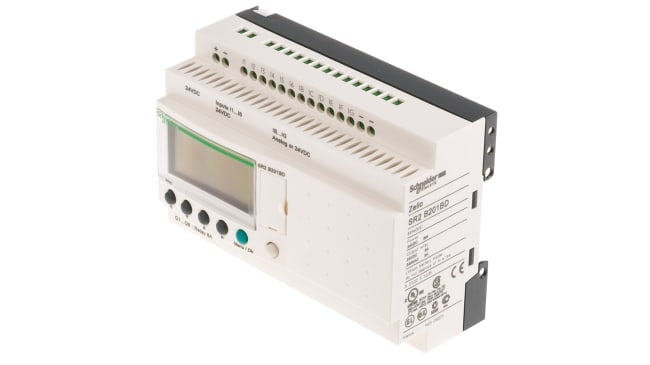 Modulo I/O Zelio Logic Schneider Electric SR2PACK2BD, CPU PLC con 12 ingressi, 8 uscite relè, montaggio su guida DIN, dimensioni 90 x 71,2 x 59 mm.