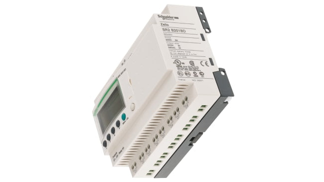 Modulo I/O Zelio Logic Schneider Electric SR2PACK2BD, CPU PLC con 12 ingressi, 8 uscite relè, montaggio su guida DIN, dimensioni 90 x 71,2 x 59 mm.