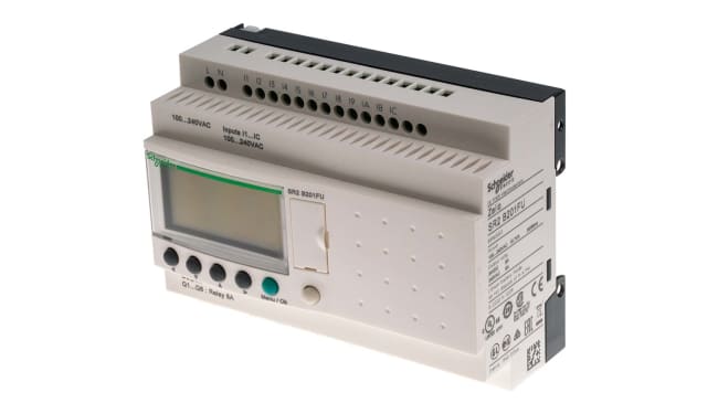Modulo I/O Zelio Logic Schneider Electric SR2PACK2FU, 12 ingressi digitali, 8 uscite relè, montaggio su guida DIN, dimensioni 90 x 71,2 x 59 mm.