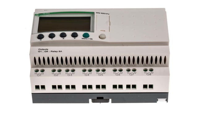 Modulo I/O Zelio Logic Schneider Electric SR2PACK2FU, 12 ingressi digitali, 8 uscite relè, montaggio su guida DIN, dimensioni 90 x 71,2 x 59 mm.