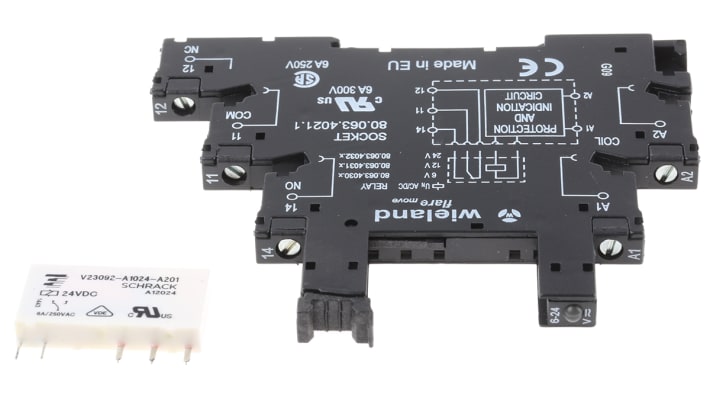 Wieland relè d'interfaccia serie flare, modulo per guida DIN, 24V, contatti SPDT, dimensioni 6,2x76x88 mm.