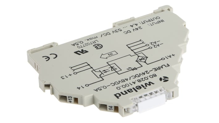 Relè a stato solido Wieland 80.020.4100.0 per guida DIN, corrente 0,5 A, tensione 4,4-53 V, larghezza 6,2 mm, LED di stato.