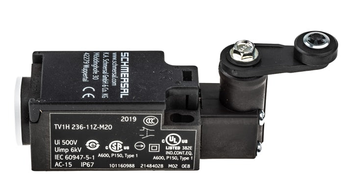 Interruttore di fine corsa Schmersal TV1H 236-11z, leva NO/NC, 230V, IP67, dimensioni 58.5mm x 30mm x 30mm.