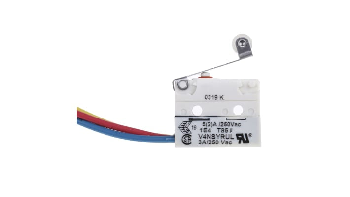 Microinterruttore Saia-Burgess V4NSYRUL SPDT pre-cablato, IP67, dimensioni 17 x 6,5 x 20 mm, durata meccanica 5 milioni di cicli.