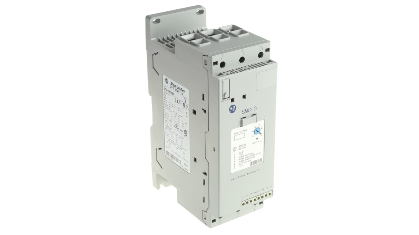 Avviatore soft-start Allen Bradley 150-C60NBD per motori trifase, potenza 30 kW, corrente 60 A, dimensioni 130x72x206 mm.