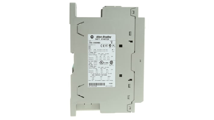 Avviatore soft-start Allen Bradley 150-C60NBD per motori trifase, potenza 30 kW, corrente 60 A, dimensioni 130x72x206 mm.