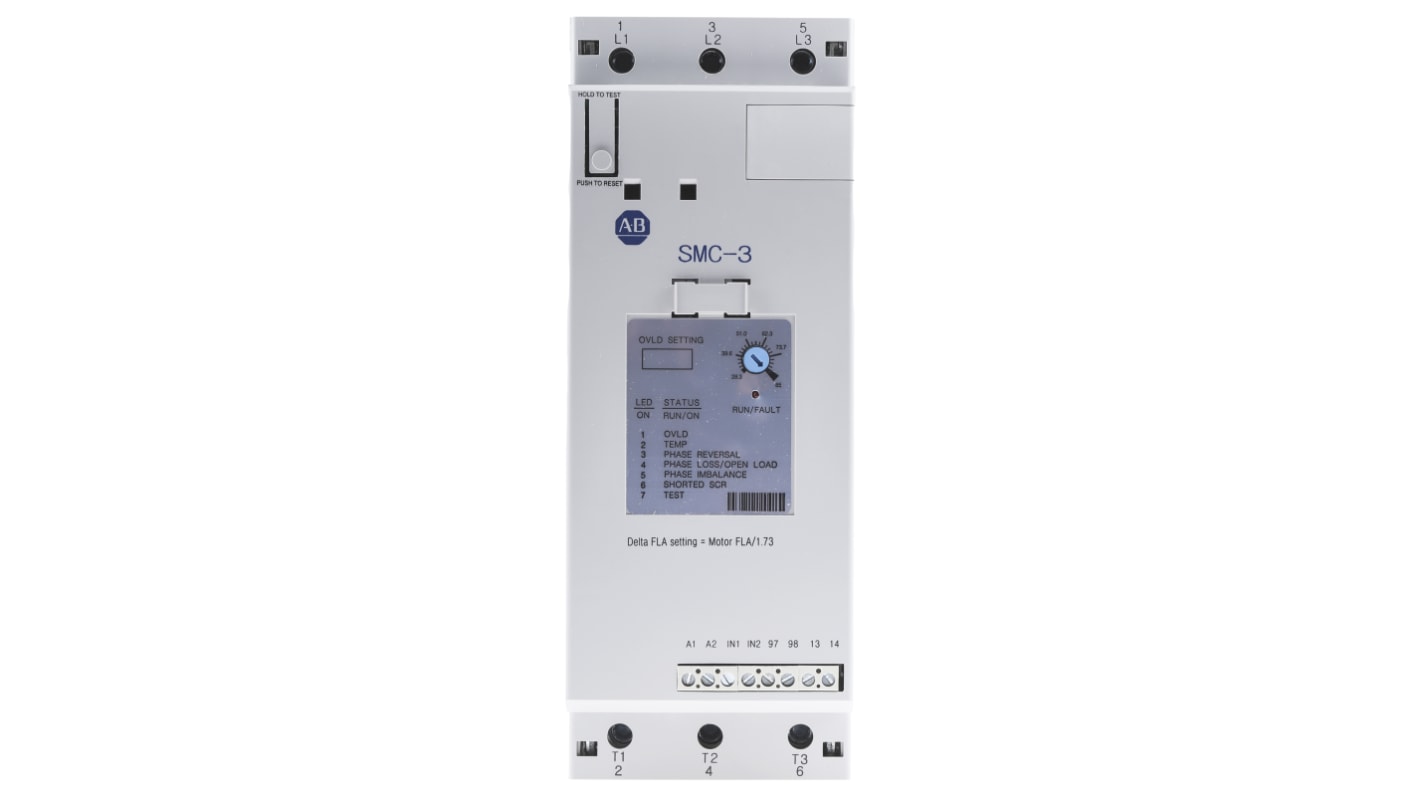 Avviatore soft-start automatico Allen Bradley 150-C85NBD per motori trifase, potenza 45 kW, corrente 85 A, dimensioni 130x72x206 mm.