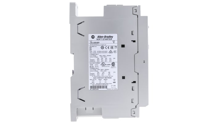 Avviatore soft-start automatico Allen Bradley 150-C85NBD per motori trifase, potenza 45 kW, corrente 85 A, dimensioni 130x72x206 mm.