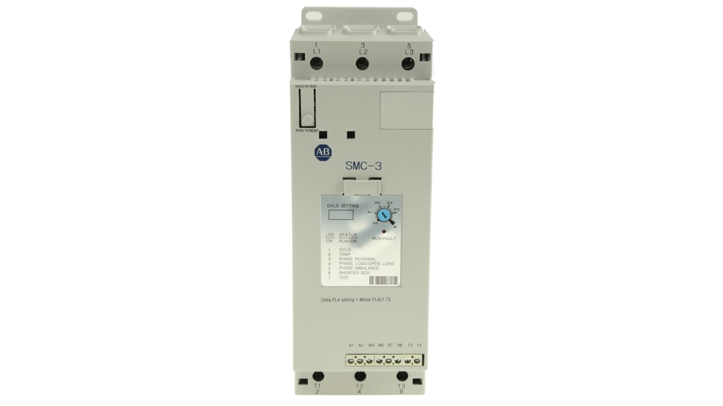 Avviatore soft-start Allen Bradley 150-C43NBR per motori trifase, potenza 22 kW, corrente 43 A, dimensioni 130x72x206 mm.