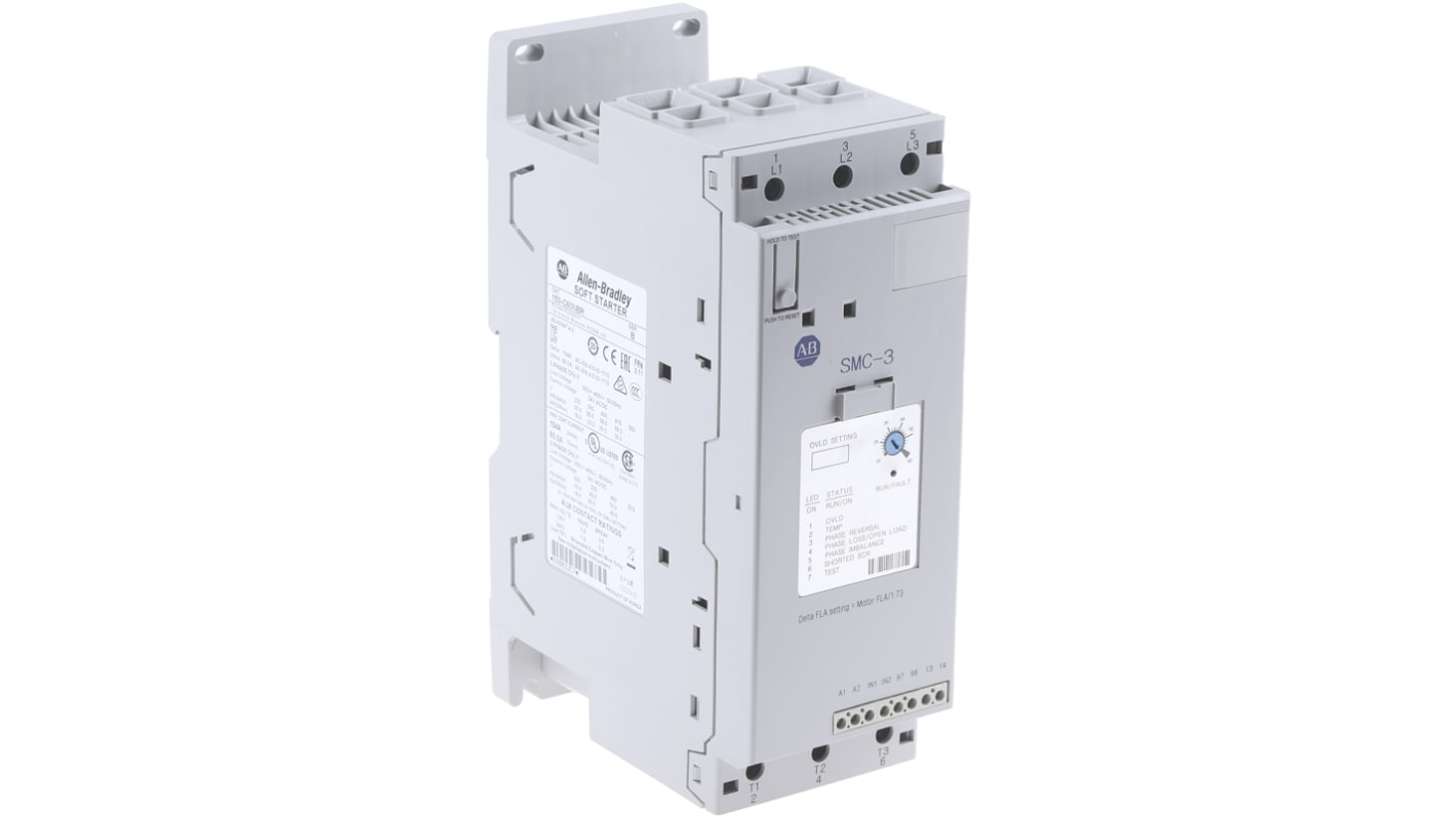 Avviatore soft-start Allen Bradley 150-C60NBR per motori trifase, potenza 30 kW, corrente 60 A, dimensioni 130x72x206 mm.