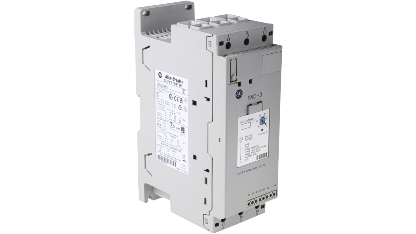 Avviatore soft-start Allen Bradley 150-C85NBR per motori trifase, potenza 45 kW, corrente 85 A, dimensioni 130x72x206 mm.