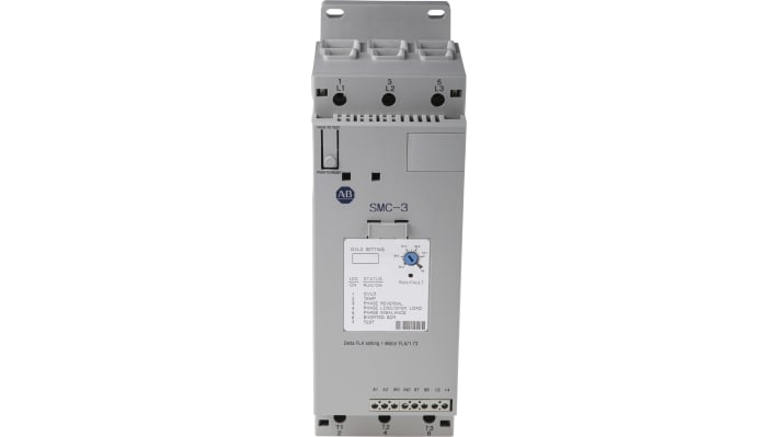 Avviatore soft-start Allen Bradley 150-C85NBR per motori trifase, potenza 45 kW, corrente 85 A, dimensioni 130x72x206 mm.