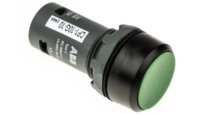 Pulsante momentaneo SPST ABB, diametro 22 mm, montaggio a pannello, protezione IP69K, colore verde, dimensioni 30 x 30 x 55 mm.