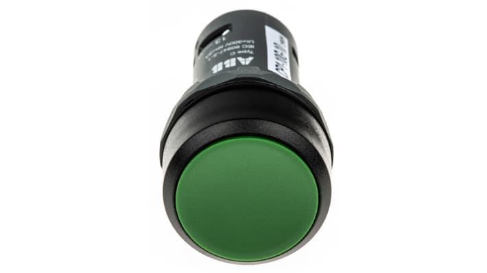 Pulsante momentaneo SPST ABB, diametro 22 mm, montaggio a pannello, protezione IP69K, colore verde, dimensioni 30 x 30 x 55 mm.