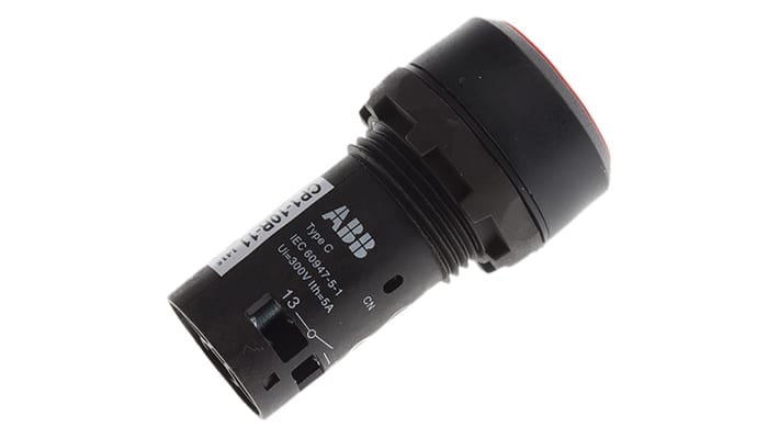 Pulsante momentaneo ABB SPDT, montaggio a pannello, IP69K, diametro foratura 22 mm, colore rosso, dimensioni 55 x 30 x 30 mm.
