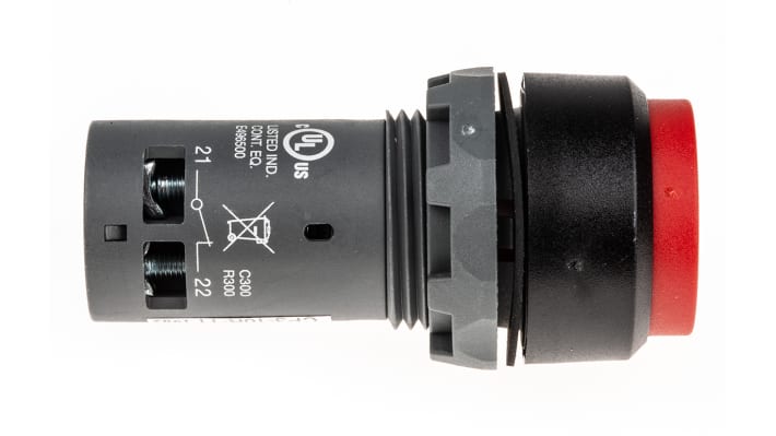 Pulsante SPDT rosso ABB, montaggio a pannello, protezione IP69K, foro di 22,5 mm, temperatura -25/+70 °C.