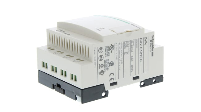 Modulo logico Schneider Electric SR2E121FU per guida DIN, 8 ingressi, 4 uscite relè, alimentazione 100-240 V, dimensioni 71,2 x 107,6 x 59,5 mm.