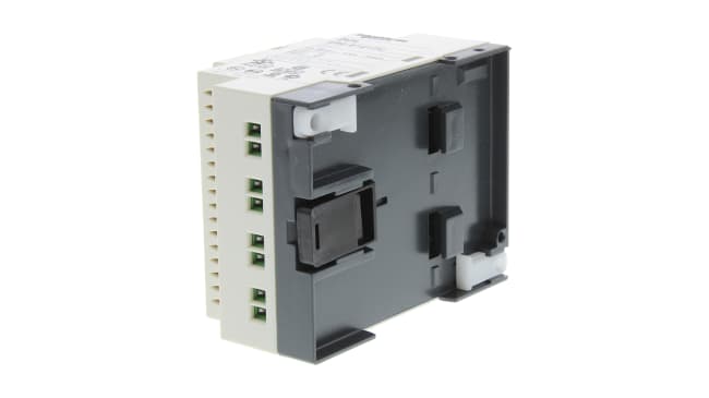 Modulo logico Schneider Electric SR2E121FU per guida DIN, 8 ingressi, 4 uscite relè, alimentazione 100-240 V, dimensioni 71,2 x 107,6 x 59,5 mm.