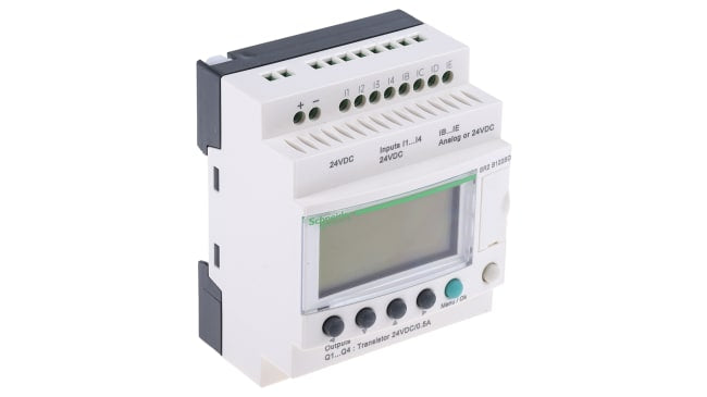 Modulo logico Schneider Electric SR2B122BD per guida DIN, 8 ingressi, 4 uscite, programmabile, dimensioni 71,2 x 107,6 x 59,5 mm.