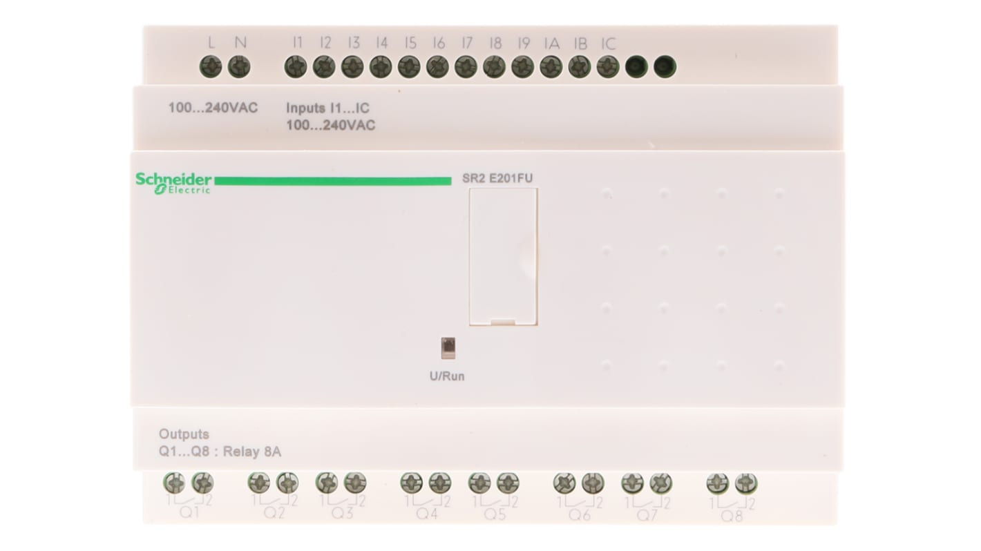 Modulo logico Schneider Electric SR2E201FU per guida DIN, 12 ingressi, 8 uscite relè, dimensioni 124,6 x 107,6 x 59,5 mm.