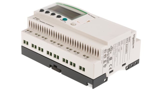 Modulo logico Schneider Electric SR2B202BD per guida DIN, 12 ingressi, 8 uscite, alimentazione 24 V cc, dimensioni 124,6 x 107,6 x 59,5 mm.
