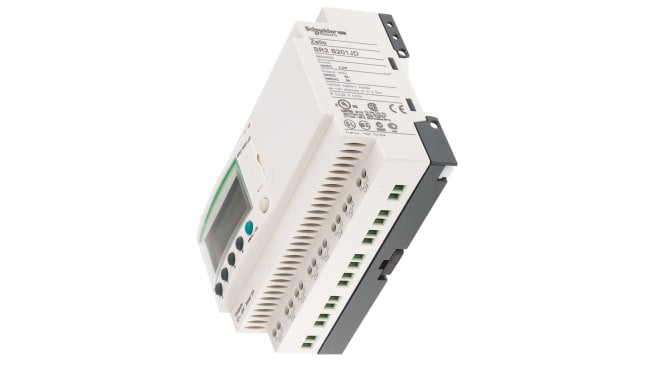 Modulo logico Schneider Electric SR2B201JD per guida DIN, 12 ingressi, 8 uscite relè, dimensioni 124,6 x 107,6 x 59,5 mm.
