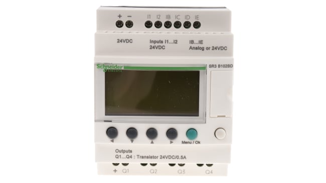 Modulo logico Schneider Electric SR3B102BD Zelio Logic, 6 ingressi analogici, 4 uscite, alimentazione 24 V cc, dimensioni 72 x 90 x 59,5 mm.
