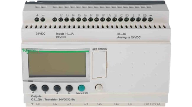 Modulo logico Schneider Electric SR3B262BD per guida DIN, 16 ingressi, 10 uscite, alimentazione 24 V cc, dimensioni 124,6 x 107,6 x 59,5 mm.