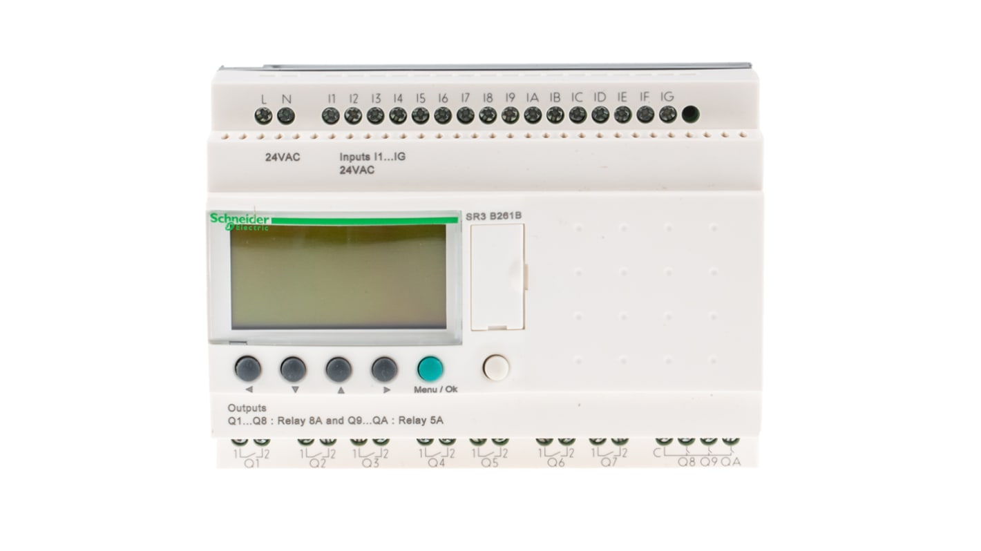 Modulo logico Schneider Electric SR3B261B Zelio Logic 16 ingressi 10 uscite 24V c.a. per automazione industriale e HVAC. Compatto e affidabile.