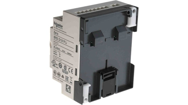 Modulo I/O Zelio Logic Schneider Electric SR2D101FU, 6 ingressi, 4 uscite relè, montaggio su guida DIN, dimensioni 71,2 x 107,6 x 59,5 mm.
