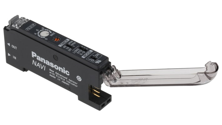 Sensore PNP Panasonic FX-311P per fibre ottiche, alimentazione 12-24 V, dimensioni 30,5 x 10 x 64,5 mm, LED rosso.