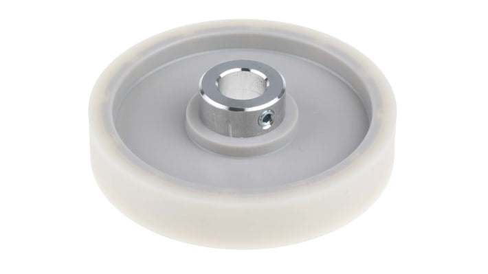 Ruota per encoder Baumer MR241.10D, circonferenza 20 cm, foro 10 mm, compatibile con codificatori standard, include staffa di montaggio.