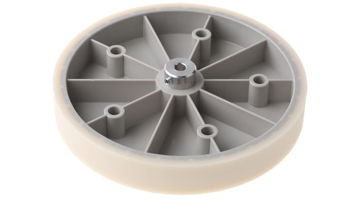 Ruota per encoder Baumer MR542.07D, circonferenza 50 cm, foro 7 mm, rivestimento metallico o sintetico, montaggio su codificatori standard.