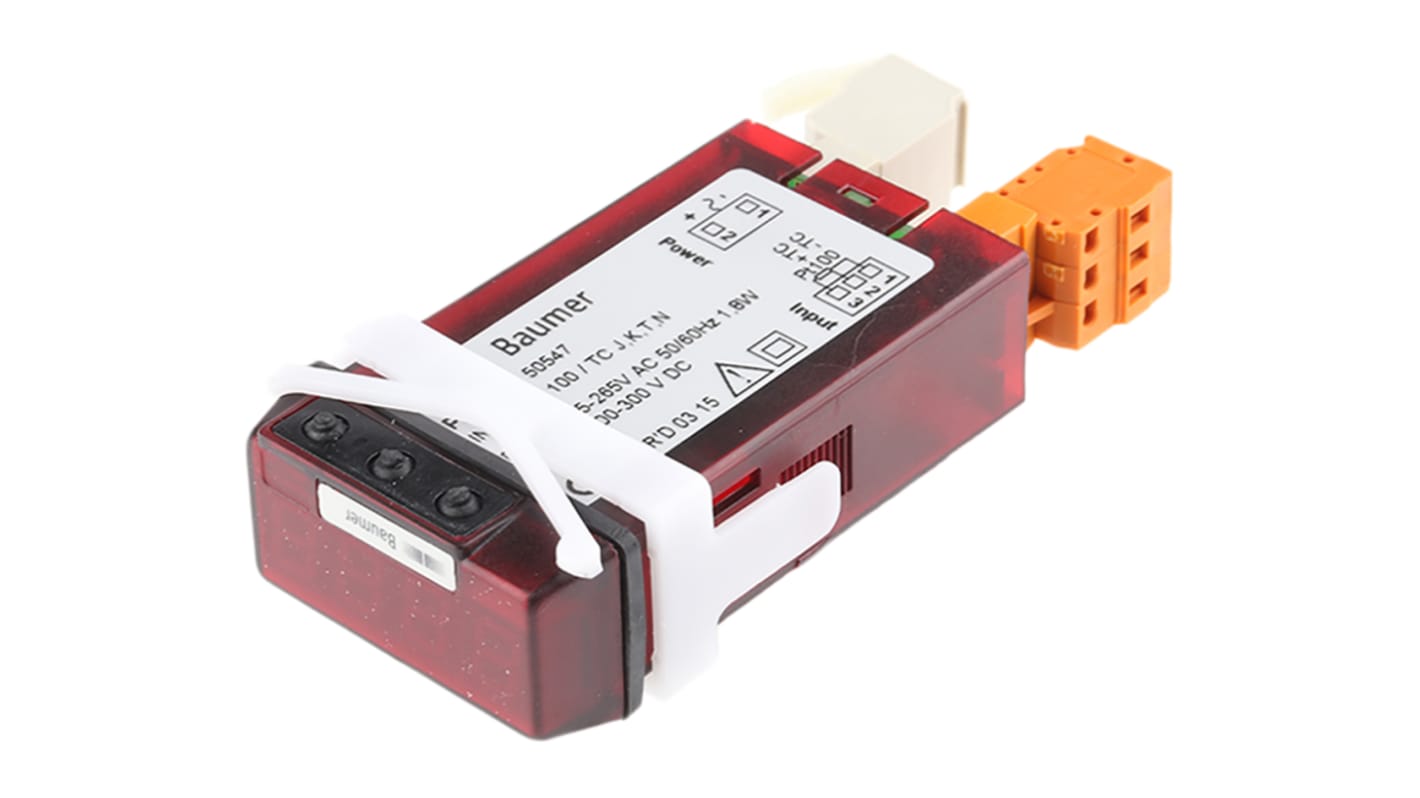 Regolatore di temperatura On/Off Baumer PA201.004AX01, per sonde Pt100 e termocoppie K/T, display LED rosso, DIN 24 x 48 mm.