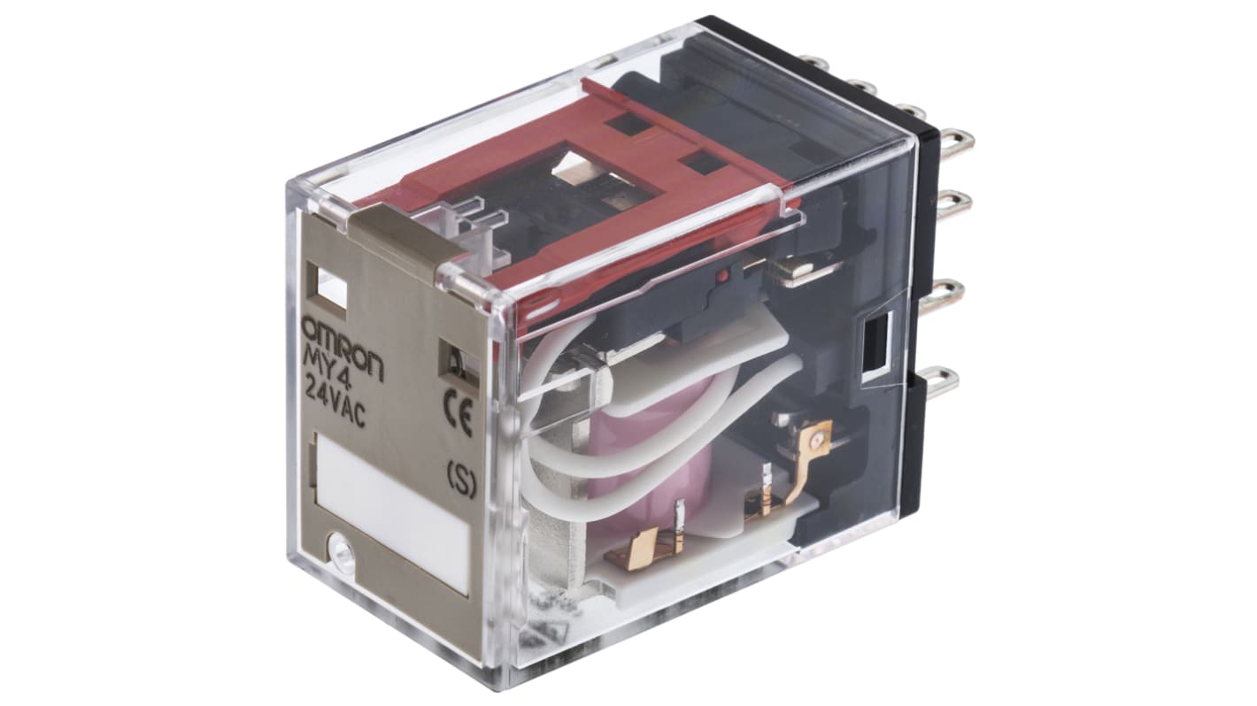 Relè di potenza Omron MY4, 4PDT, bobina 24VAC, corrente massima 5A, dimensioni 28 x 21.5 x 36mm.