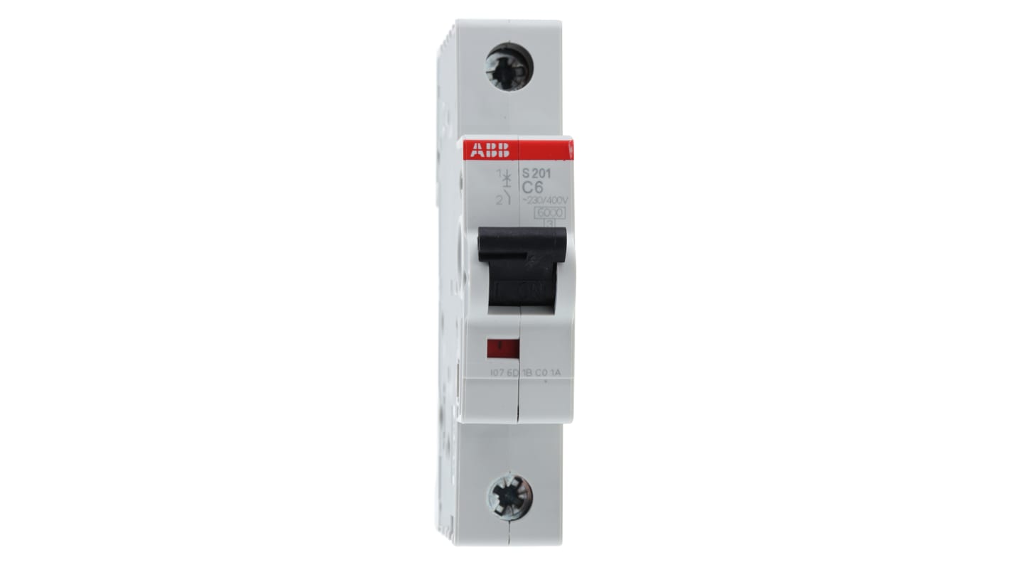 Interruttore magnetotermico ABB S201-C6, 1P 6A, Tipo C, montaggio su guida DIN, tensione nominale 253V.